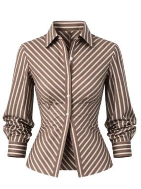 Hevron Drexel Shirt NWOT Women's Button-Down Blouse in Brown White Diagonal